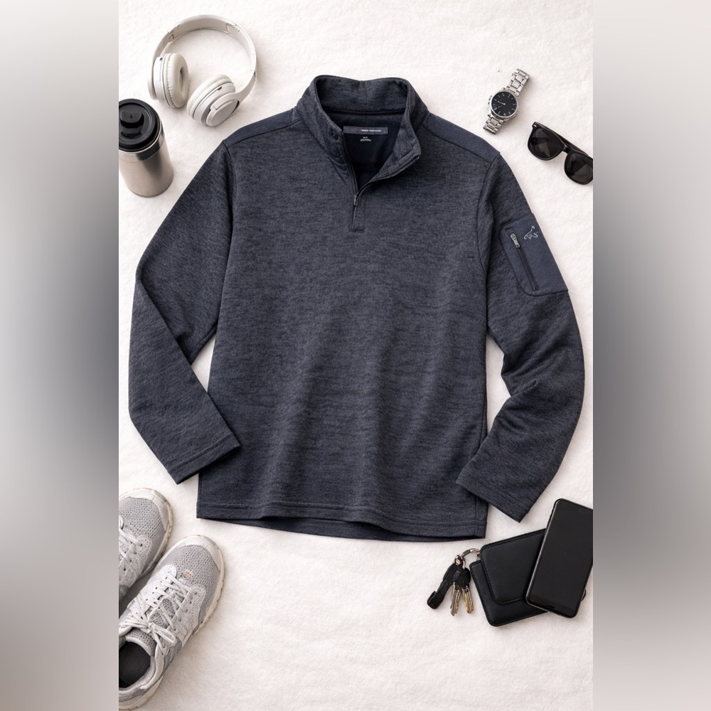 GREG NORMAN Gray Heather Men's M Pullover Sweater 1/4 Button Pocket Golf Fleece